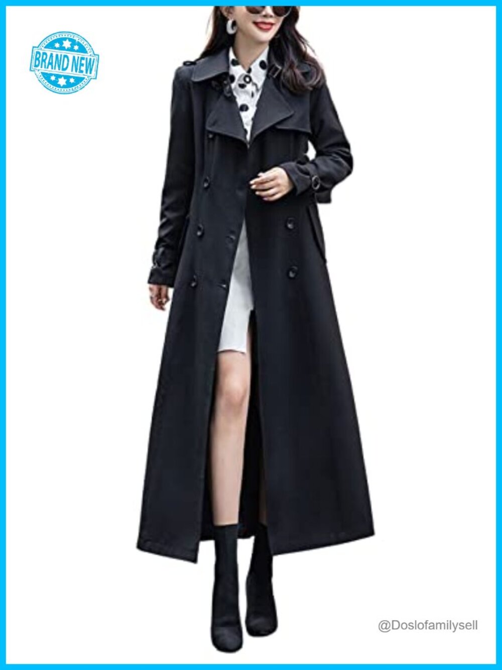 Women's Double Breasted Maxi Long Trench Coat Belted Office Overcoat